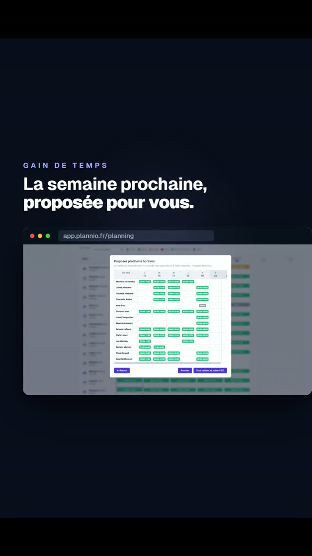 Tableau de bord Plannio : planning d'équipe de la semaine